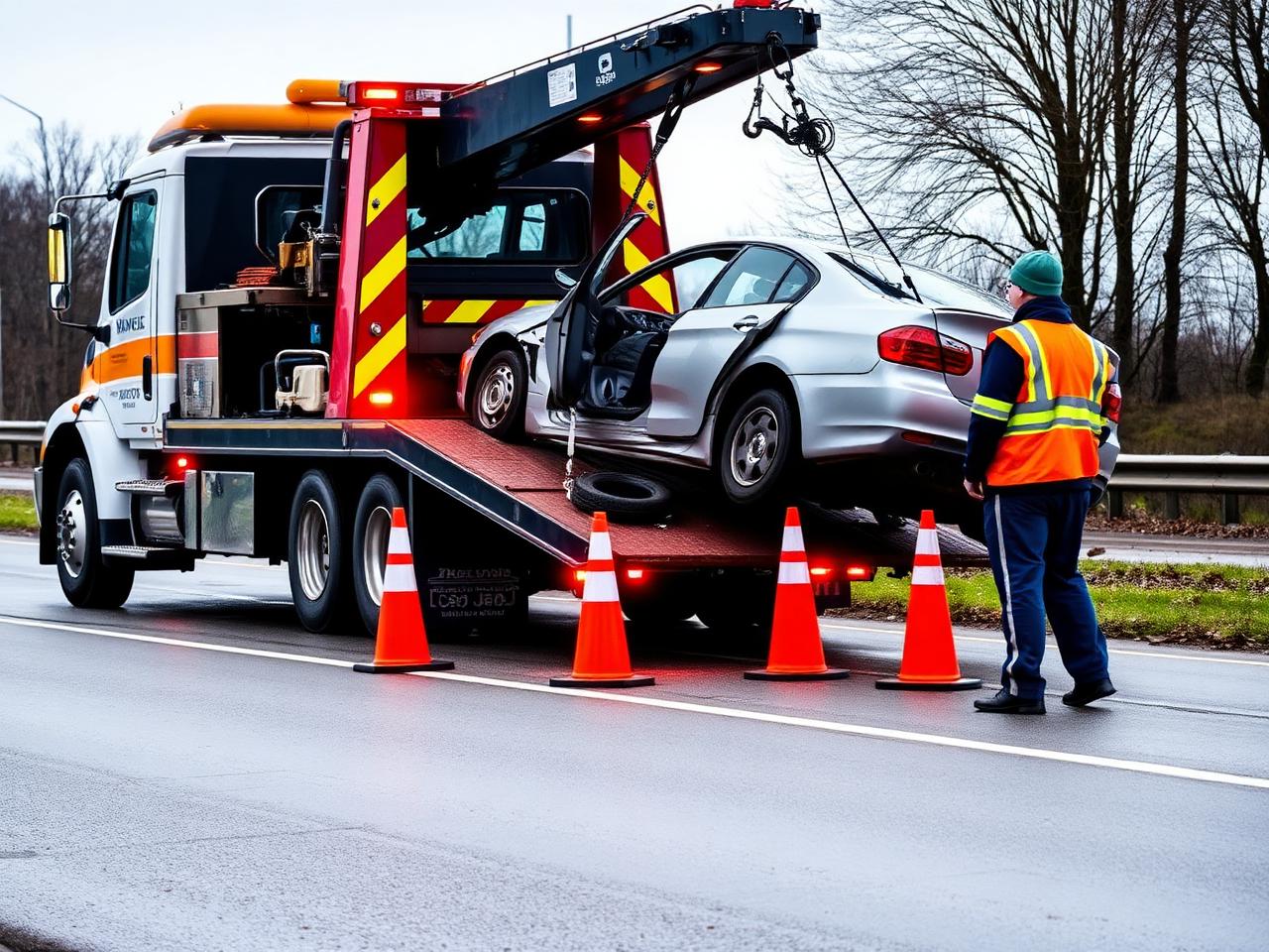 Recovery truck winching a damaged vehicle onto a deck at a coned off roadside scene