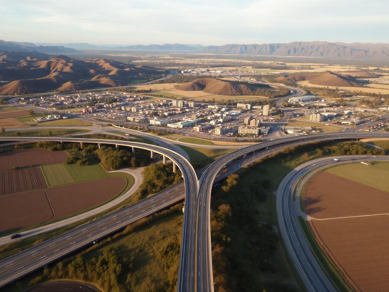 Aerial view of a highway interchange near a small city surrounded by farmland and ridges