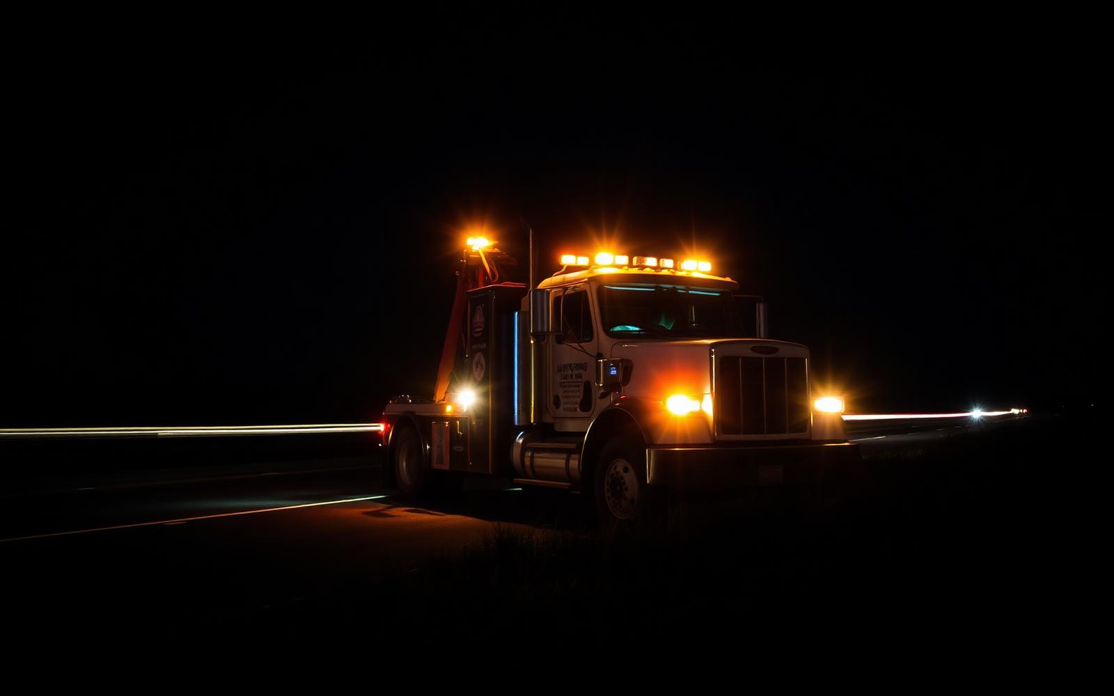 Tow truck with amber warning lights staged on a highway shoulder at night