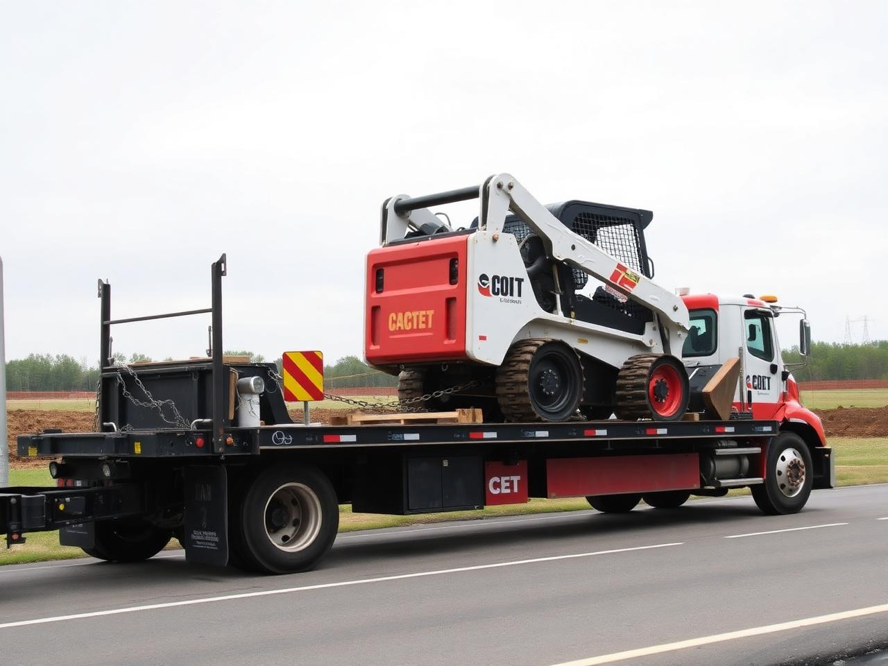 Flatbed truck hauling a compact skid steer loader secured with chains