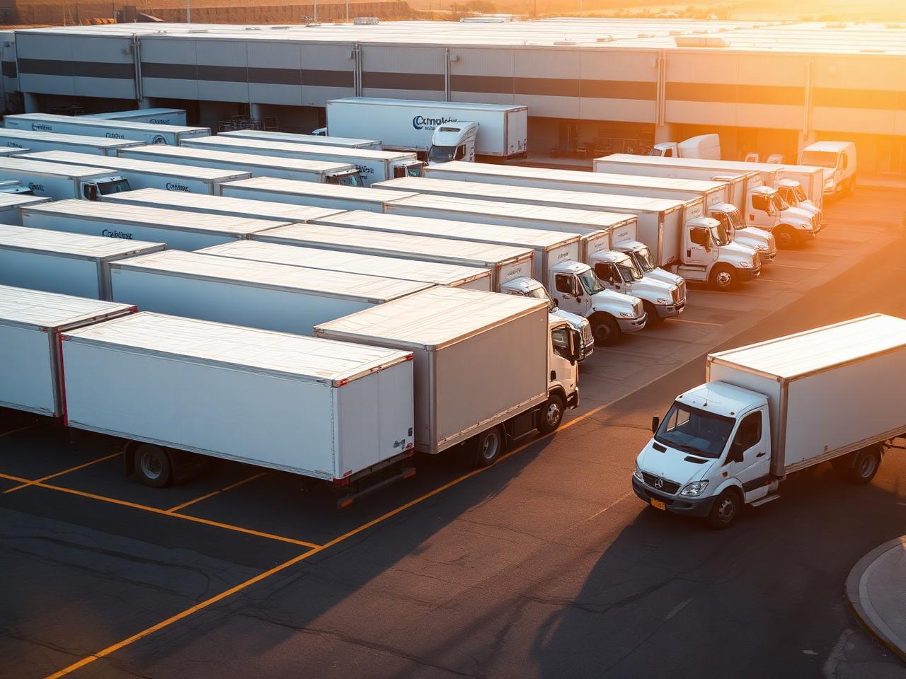 Commercial box trucks and cargo vans parked in a fleet yard at sunrise