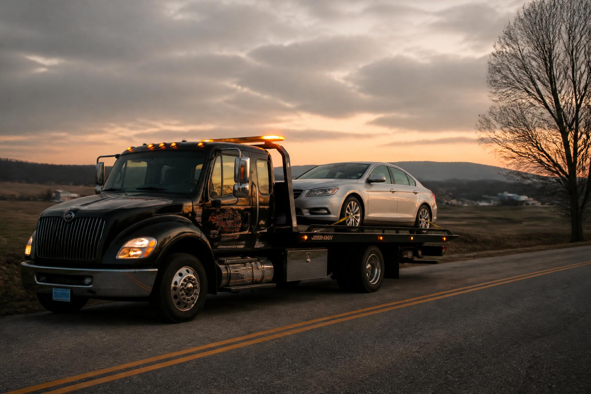 Black flatbed tow truck carrying a silver sedan on a rural Maryland road at dusk