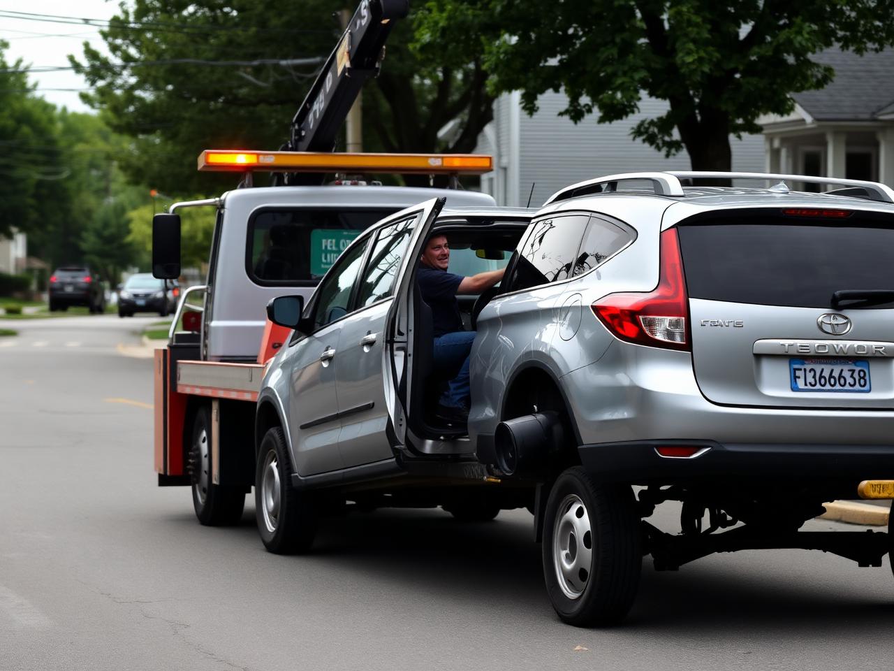 Tow truck operator connecting a wheel lift to a disabled car on a Hagerstown street