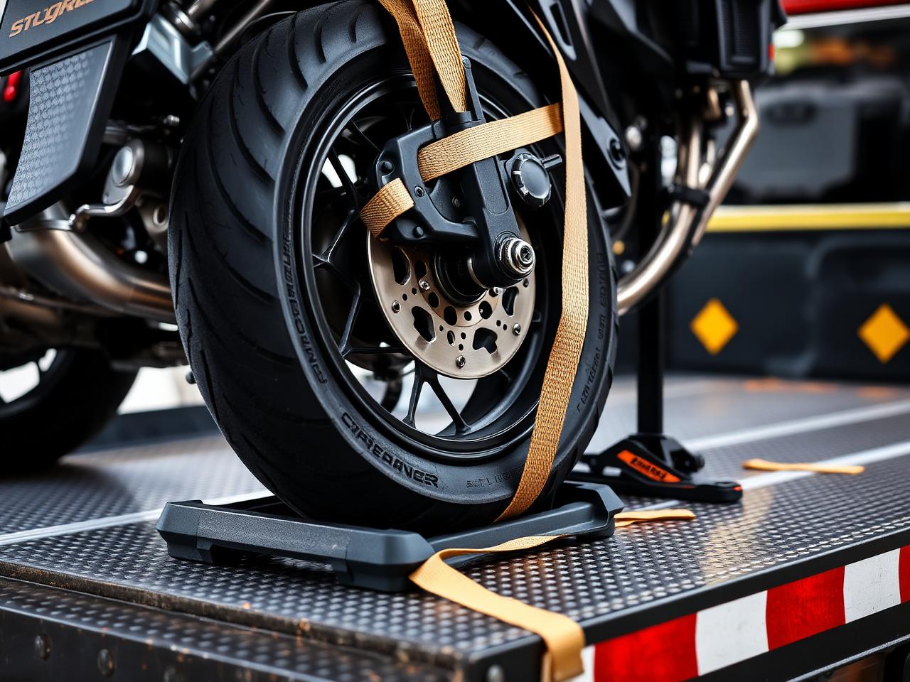 Motorcycle held upright in a wheel chock and secured with soft straps on a flatbed deck
